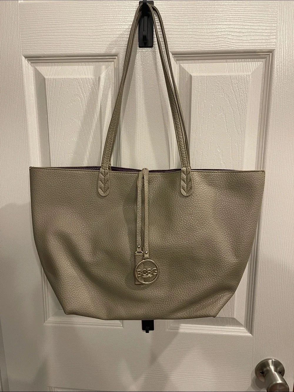 BCBG Paris Pebbled Taupe Tote with Logo Charm read